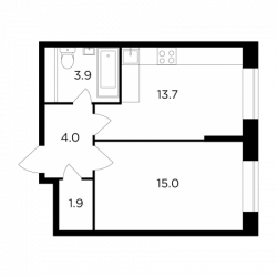 Однокомнатная квартира 38.5 м²