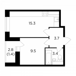 Однокомнатная квартира 33.3 м²