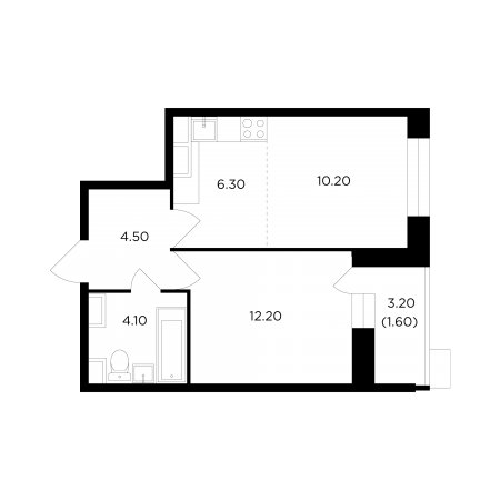Двухкомнатная квартира 38.9 м²