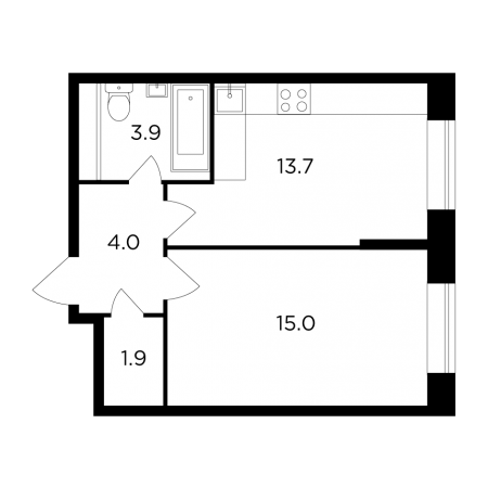 Однокомнатная квартира 38.5 м²