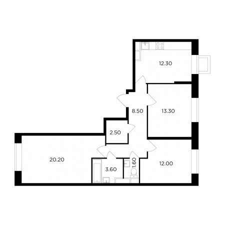 Трёхкомнатная квартира 74 м²