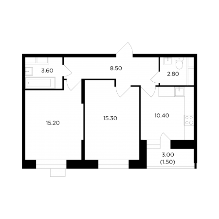 Двухкомнатная квартира 57.3 м²