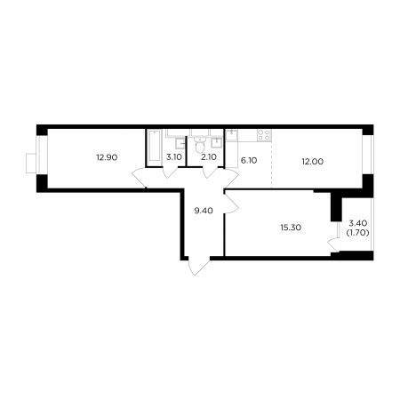 Трёхкомнатная квартира 62.6 м²