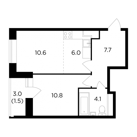 Двухкомнатная квартира 40.7 м²