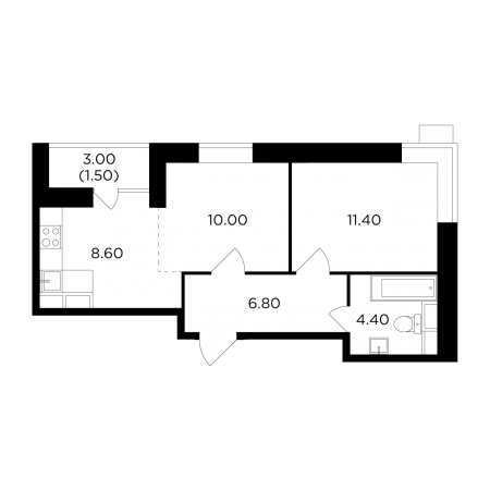 Двухкомнатная квартира 42.7 м²