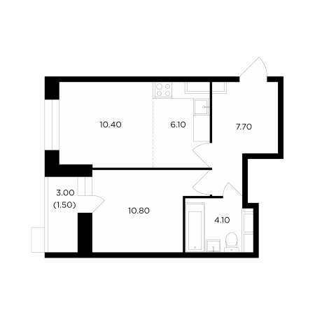 Двухкомнатная квартира 40.6 м²