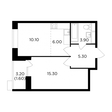 Двухкомнатная квартира 42.2 м²
