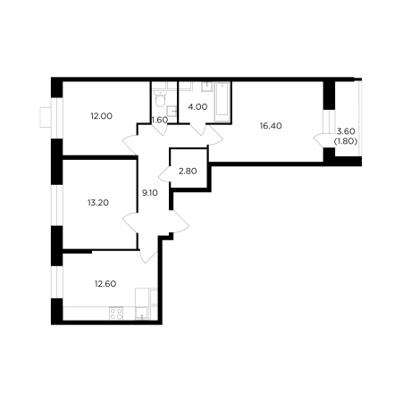Трёхкомнатная квартира 73.5 м²