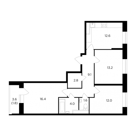 Трёхкомнатная квартира 73.5 м²