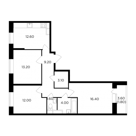 Трёхкомнатная квартира 73.9 м²