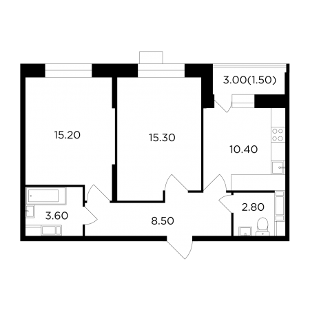 Двухкомнатная квартира 57.3 м²