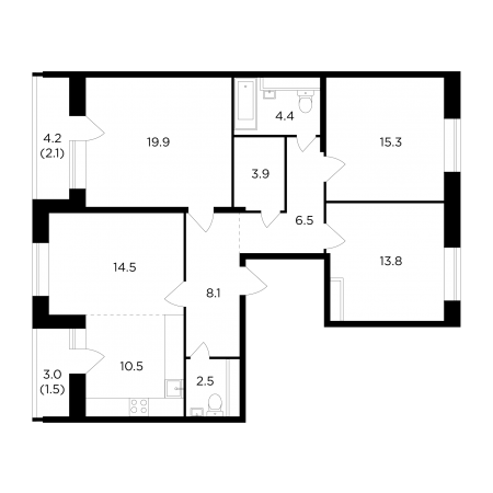 Четырёхкомнатная квартира 103 м²