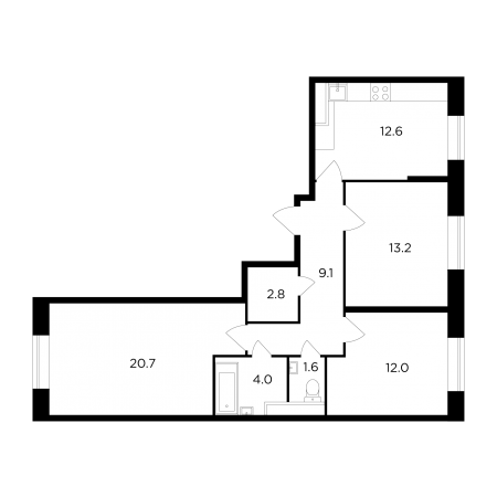 Трёхкомнатная квартира 76 м²