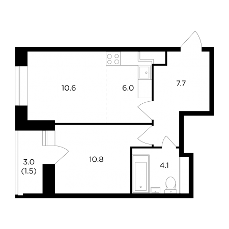 Двухкомнатная квартира 40.7 м²