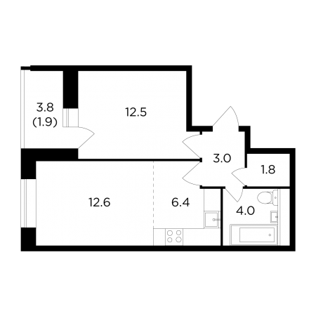 Двухкомнатная квартира 42.2 м²