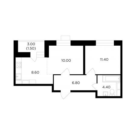 Двухкомнатная квартира 42.7 м²
