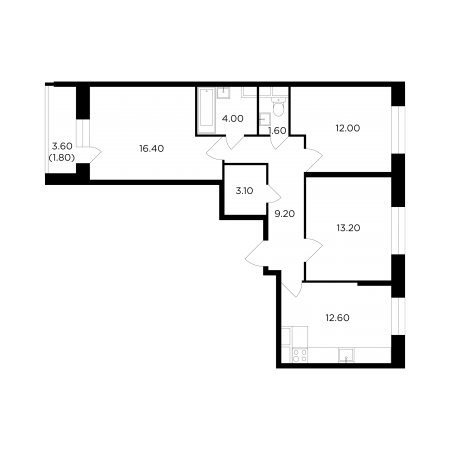 Трёхкомнатная квартира 73.9 м²
