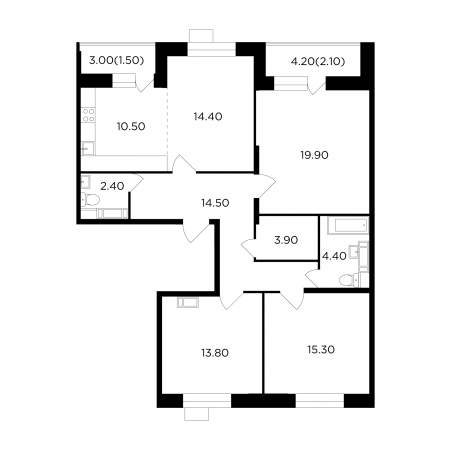 Четырёхкомнатная квартира 102.7 м²