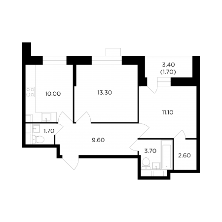 Двухкомнатная квартира 53.7 м²