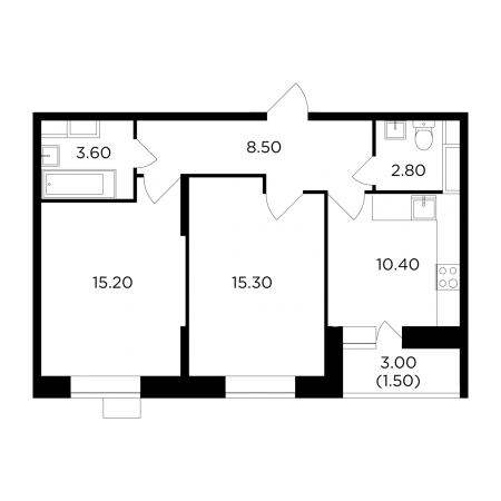 Двухкомнатная квартира 57.3 м²