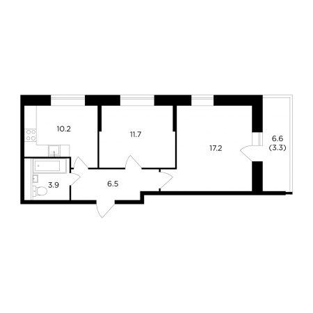 Двухкомнатная квартира 52.8 м²