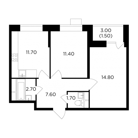 Двухкомнатная квартира 51.4 м²