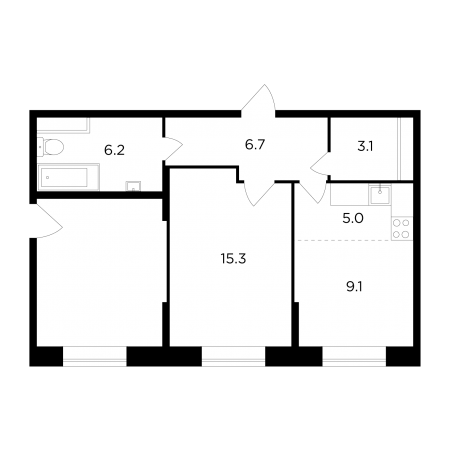 Двухкомнатная квартира 45.4 м²