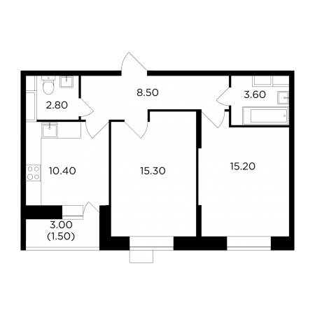Двухкомнатная квартира 57.3 м²