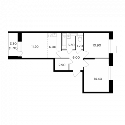 Трёхкомнатная квартира 58.1 м²