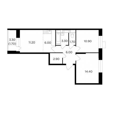 Трёхкомнатная квартира 58.1 м²