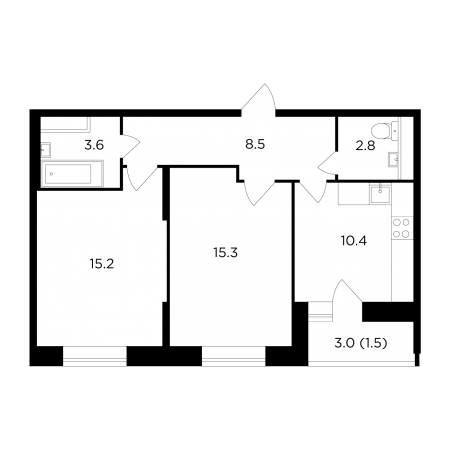 Двухкомнатная квартира 57.3 м²
