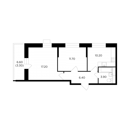 Двухкомнатная квартира 52.7 м²