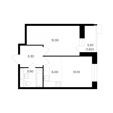 Двухкомнатная квартира 42.2 м²