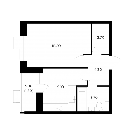 Однокомнатная квартира 36.5 м²