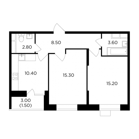Двухкомнатная квартира 57.3 м²