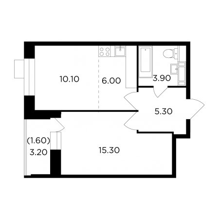 Двухкомнатная квартира 42.2 м²