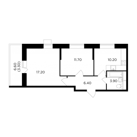 Двухкомнатная квартира 52.7 м²