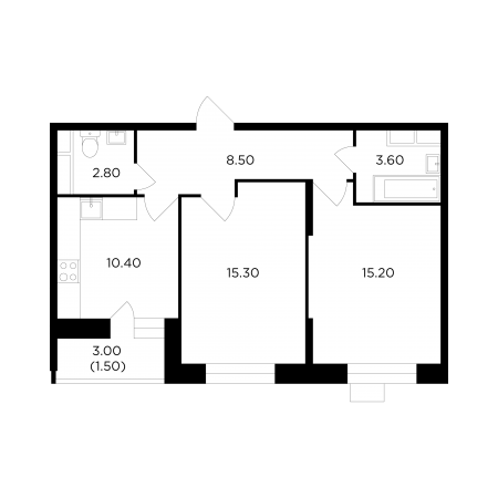Двухкомнатная квартира 57.3 м²
