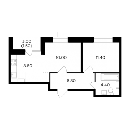 Двухкомнатная квартира 42.7 м²