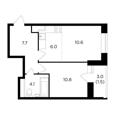 Двухкомнатная квартира 40.7 м²