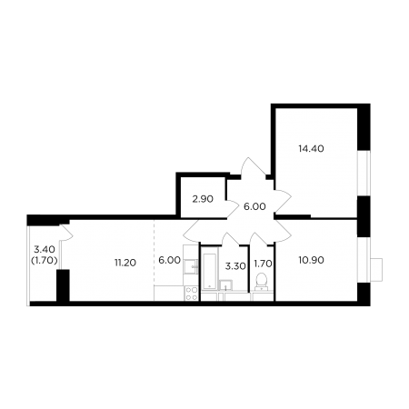 Трёхкомнатная квартира 58.1 м²
