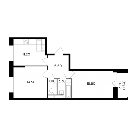 Двухкомнатная квартира 54.5 м²