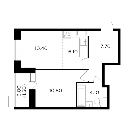 Двухкомнатная квартира 40.6 м²