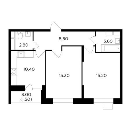 Двухкомнатная квартира 57.3 м²