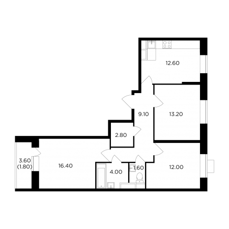 Трёхкомнатная квартира 73.5 м²