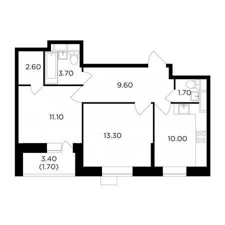 Двухкомнатная квартира 53.7 м²