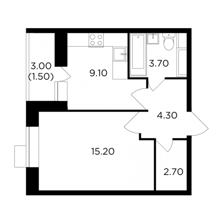 Однокомнатная квартира 36.5 м²
