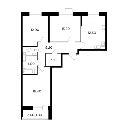 Трёхкомнатная квартира 73.9 м²