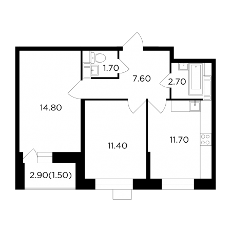 Двухкомнатная квартира 51.4 м²
