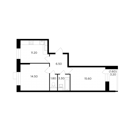 Двухкомнатная квартира 54.5 м²